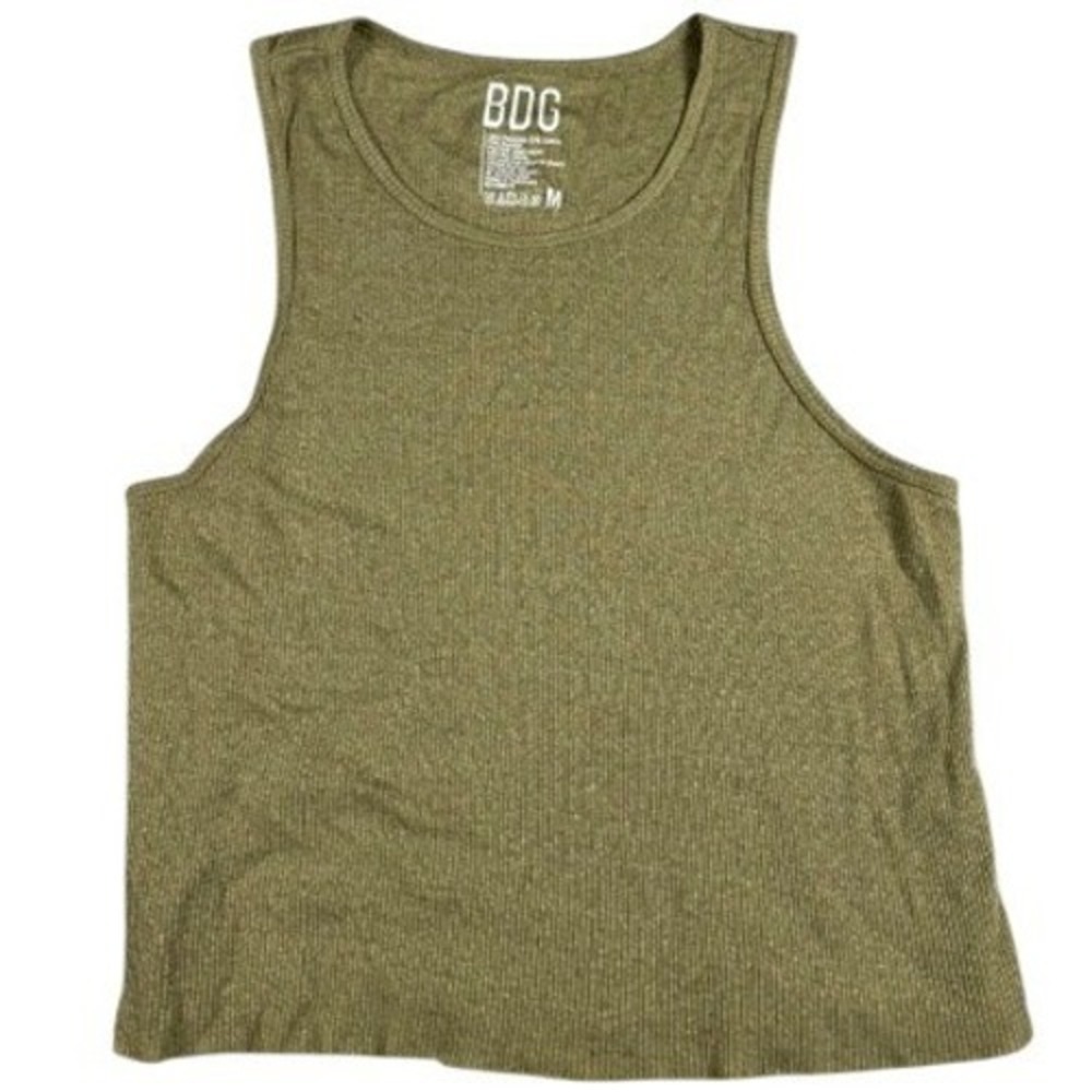 BDG Tank Top Womens Medium Olive Green Ribbed High Neck Cropped Knit Basic